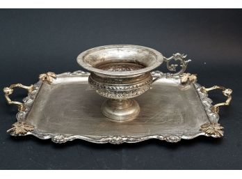 Ornate Silver Plate Pedestal Bowl & Serving Platter W Gold Tone Accents