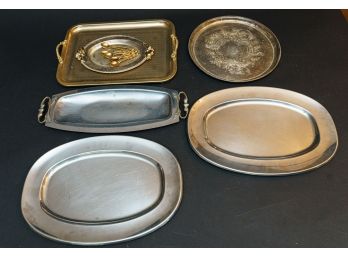 Collection Of Vintage Serving Platters & Gold Tone Spoons