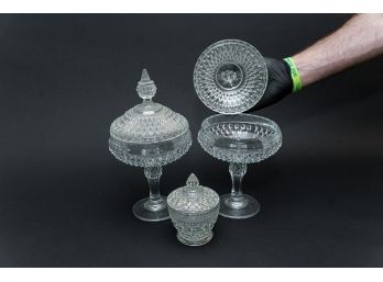 Three Cut Glass Lidded Candy Dishes - 2 With Pedestal Bases