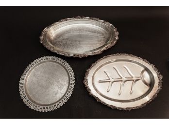 Set Of 3 Silver Plate & Metal Etched Serving Platters