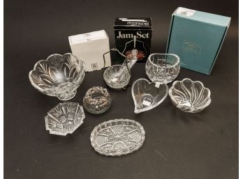 Collection Of Cut Crystal And Glass Trinket Dishes, Jam Set & Pedestal Bowl
