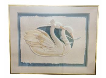 Signed Pressed Paper Framed Artwork Depicting Two Swans