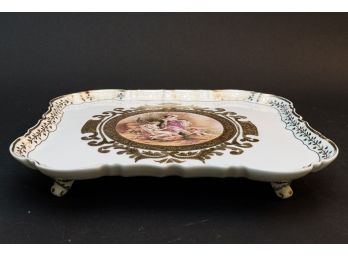 Vintage Porcelain Footed Platter W Center Vignette & Hand Painted Gilt Boarders