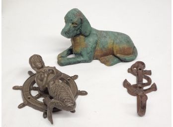 Trio Of Cast Metal - Mermaid Door Knocker, Dog & Nautical Anchor Wall Hook