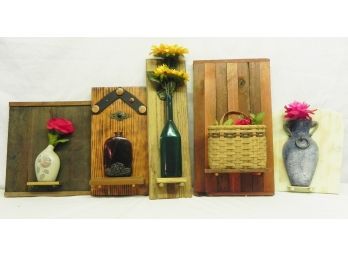 Five Vases Mounted On Wood Shelf Wall Art