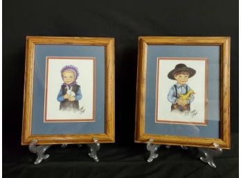 Pair Of Signed 1992 Freiman Stoltzfus Framed & Matted Amish Boy & Girl With Bunny & Duck