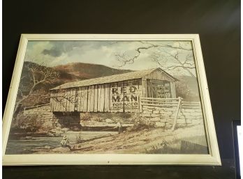 Red Man Tobacco Covered Bridge Advertising Reproduction Print In Wood Frame