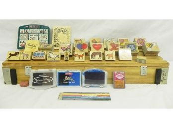 Collection Of 35 Kids Rubber Stamps, 4 Stamp Pads, 5 Colored Pencils And Wooden Crate Carrier - Used