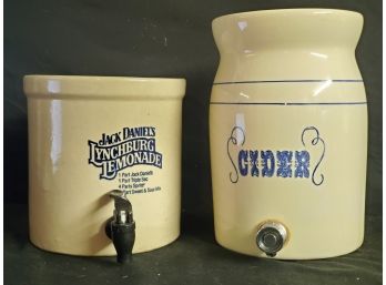 Two Stoneware Cobalt Pottery Beverage Dispensers - Jack Daniels & Cider