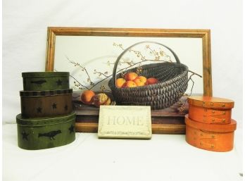 Large Basket Of Oranges Print With 2 Sets Of Wooden Nesting Boxes And HOME Sign