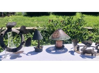 Assorted Primitive Country Candle Holders Including Punched Metal Lamp Shades