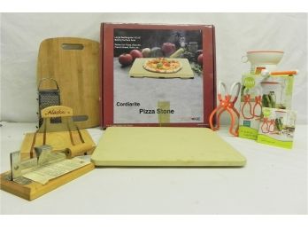 Chef's Assortment Of Pizza Stone, Canning Set, Automatic Clam Opener, Cutting Boards & Box Cheese Grater