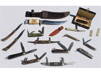 Vintage Collection Of Boy Scout Knives' And Hand Made Hunting Knife & Sheath