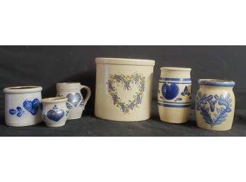 Nice Assortment Of Salt Glaze Cobalt Blue Pottery With Heart Motif