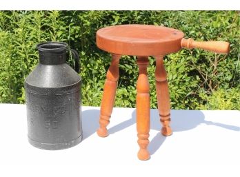 Vintage Federal Dairy Milk Can And Wood Milking Stool