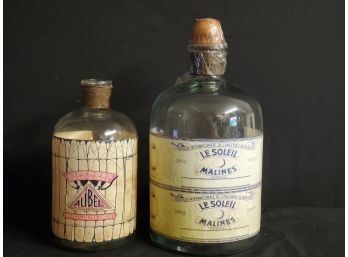 Two Vintage Made In India Clear Large Bottles With Vintage Labels