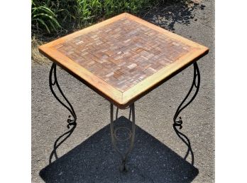 Wrought Iron & Wood Marquetry Top End Table