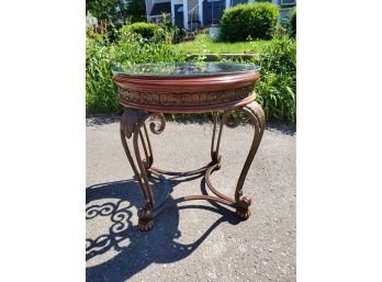 Round Glass Top Wood & Wrought Metal Accent Lamp Table