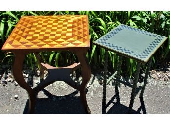 Two Folk Art Country Primitive Checkerboard Top Painted Accent Tables