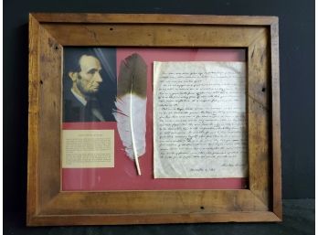 Unique Antique Floorboard Frame From Georgia Cotton Mill, Abe Lincoln Pic, Quill & Copy Of Gettysburg Address