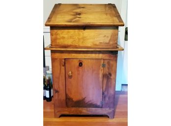 Handsome Vintage Two Piece Pine Wood Slant Top Storage And Lower Cabinet