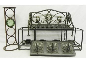 Iron Decorative Pieces Include Wall Rack, Footed Shelf Stand, And Unique Candle Holders