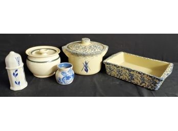 RRP Robinson Ransbottom, Roseville Ohio Blue Spongeware & Signed Pottery Assortment