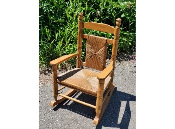 Vintage Oak Heavy Wood & Rush Seat Child's Rocking Chair