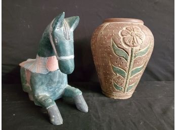 Carved, Painted Pottery Vase And Carved Wood Horse Statue Decor