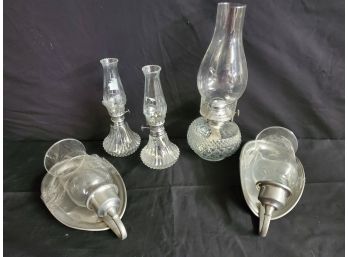 Two Woodbury Pewterers Pewter Candle Wall Sconces And Three Glass Oil Lamps