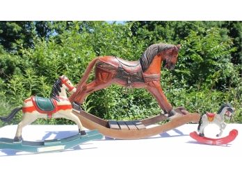 Group Of Three Various Sized Painted Wooden Horses