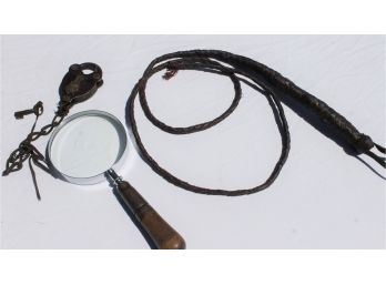 Cool Antique M. W. & Co. Padlock With Working Key, Bull Whip And Antique Magnifying Glass Lot