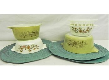 MCM Assortment Of 5 White And Beige Pyrex Bowls - Forest Fancies Mushrooms