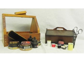 Country Wooden Sewing Basket And Vintage Shoe Shine Kit