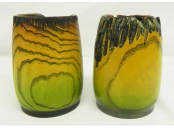 Hand Carved Green And Orange Wooden Vessels Containers