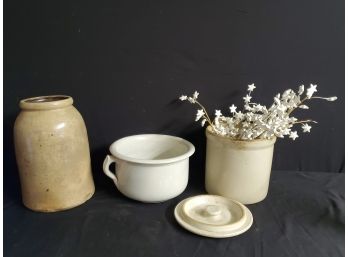 Three Vintage & Antique Salt Glazed Crocks & Chamber Pot