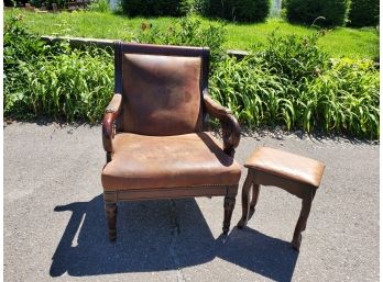 Vintage Micro Suede & Wood Framed Large Arm Accent Chair With Faux Leather Ottoman