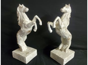 Pair Of Majestic Distressed White Faux Wood Resin Rearing White Horse Statues