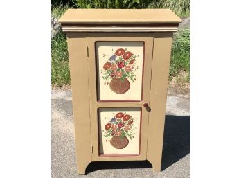 Wood Pie Safe Cabinet With Painted Floral Designs On Single Door