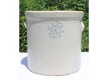 Antique Four Gallon Stoneware Crock With Applied Handles