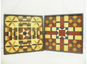 Pair Of Quilt Patterned Artwork, Hand Painted On Wood