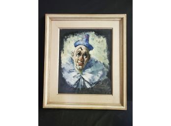 Vintage MCM Framed Clown Oil Painting - Signed