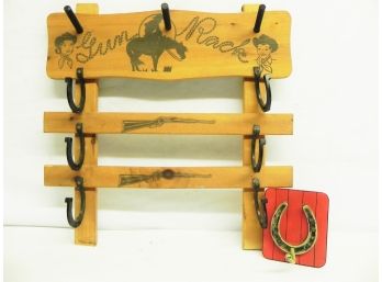 Vintage Roy Rogers & Dale Evans Wooden Gun Rack With Horseshoe Hooks & Single Horseshow Wall Hook