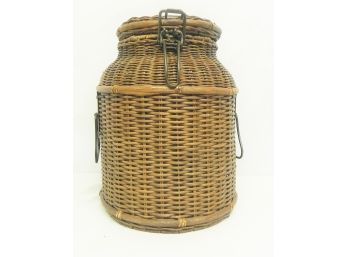 Vintage Woven Wicker Jug With Top Latch And Side Handles