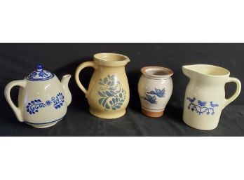 Stoneware Cobalt Blue Pottery Tea Pot, Pitchers & Vase - Including Pfaltzgraff Pitcher