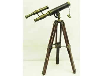 Mini Tabletop Wood And Brass Telescope, Made In India - On Tripod With Chains .