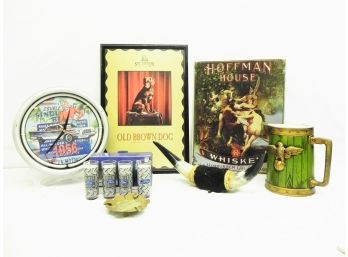 Man Cave Collection Includes Decorative Art, Inarco Pitcher, Mexican Coin Ashtray & Official Ford Shot Glasses