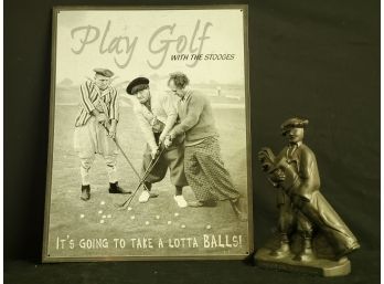 Jahn Foundry Vintage Look Golfer Doorstop & The Three Stooges Lotta Balls Golfing Tin Wall Sign