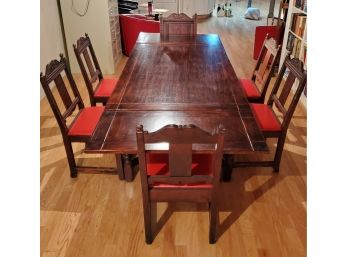 Unique Regal Vintage Large Drop Leaf Dining Table With Six Red Upholstered Chairs