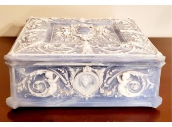 Beautiful Vintage Genuine Incolay Carved Stone Blue & White Cherub Hinged Jewelry Box